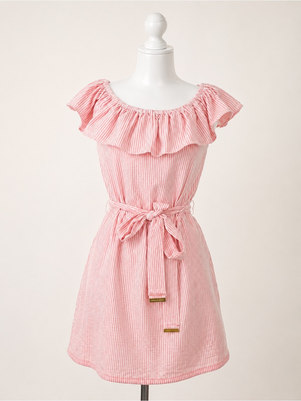 NWT Michael Kors Off Shoulder Seersucker Stripe Dress L Pink Pockets Belt
